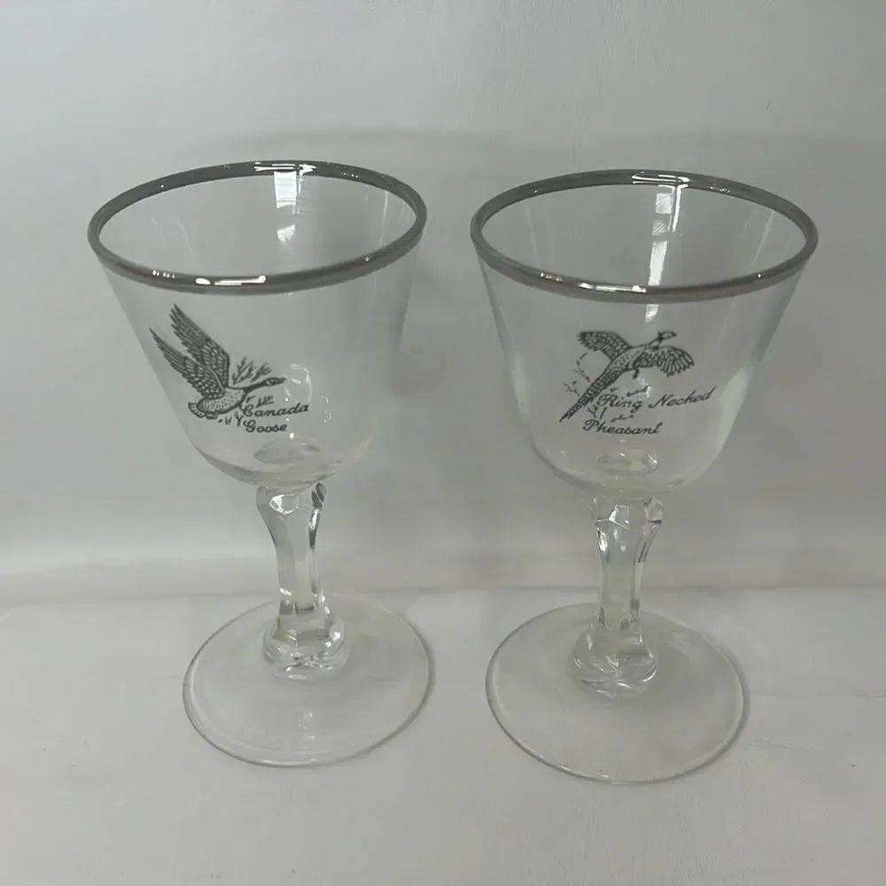 Tiffin Pheasant Grouse Crystal Stem Cocktail Goblet 3 Oz Silver Trim Rim Set 2